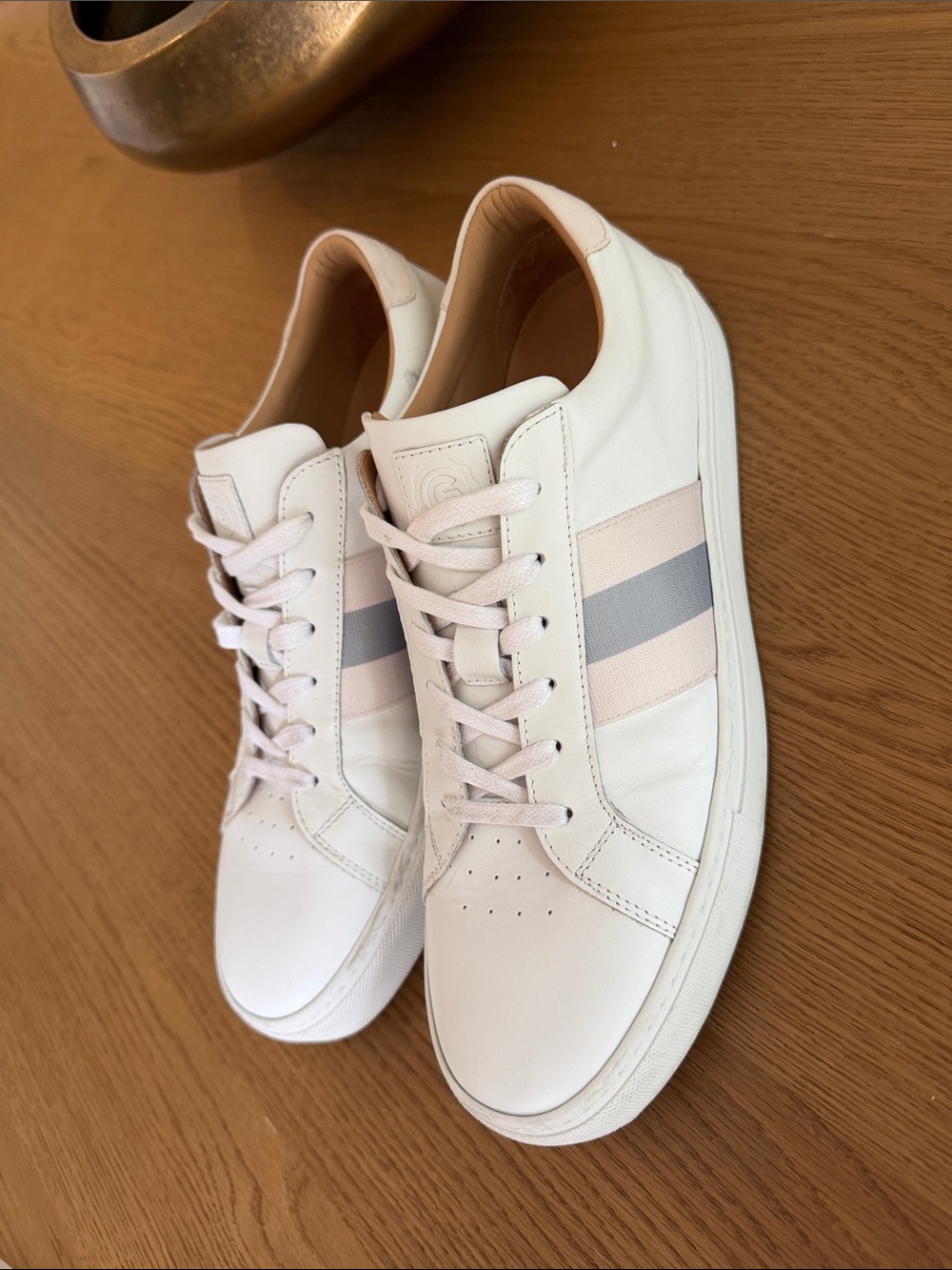 Greats White Leather Sneakers with Pink and Gray Stripes